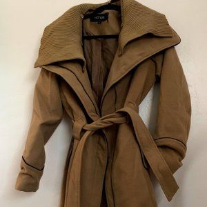 Dressy Winter Coat; tan with black trim; knee-length